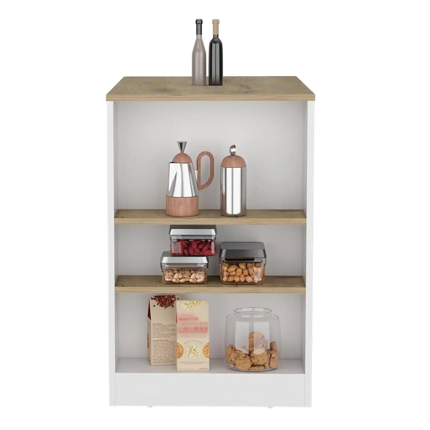 Portree Kitchen Island with 3-Side Shelves White / Macadamia 3