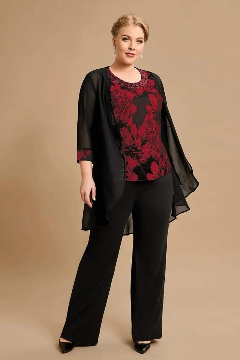 

Plus Size Autumn Fashion 3 Piece Set Women Long Sleeve Cardigan Printed Round Neck Tank Top Wide Leg Pants Elegant 3 Piece Set