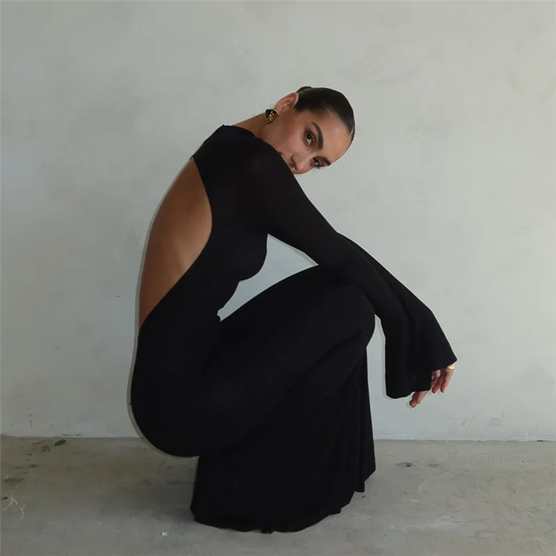 Autumn Winter Backless Sexy Party Club Black Bodycon Maxi Dresses Outfits for Women Long Sleeve Y2K Dress Vestido Streetwear New 3