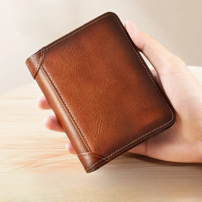 Leather Rfid Blocking Trifold Wallets For Men Vintage Thin Short Multi Function ID Credit Card Holder Money Bag ﻿Purse