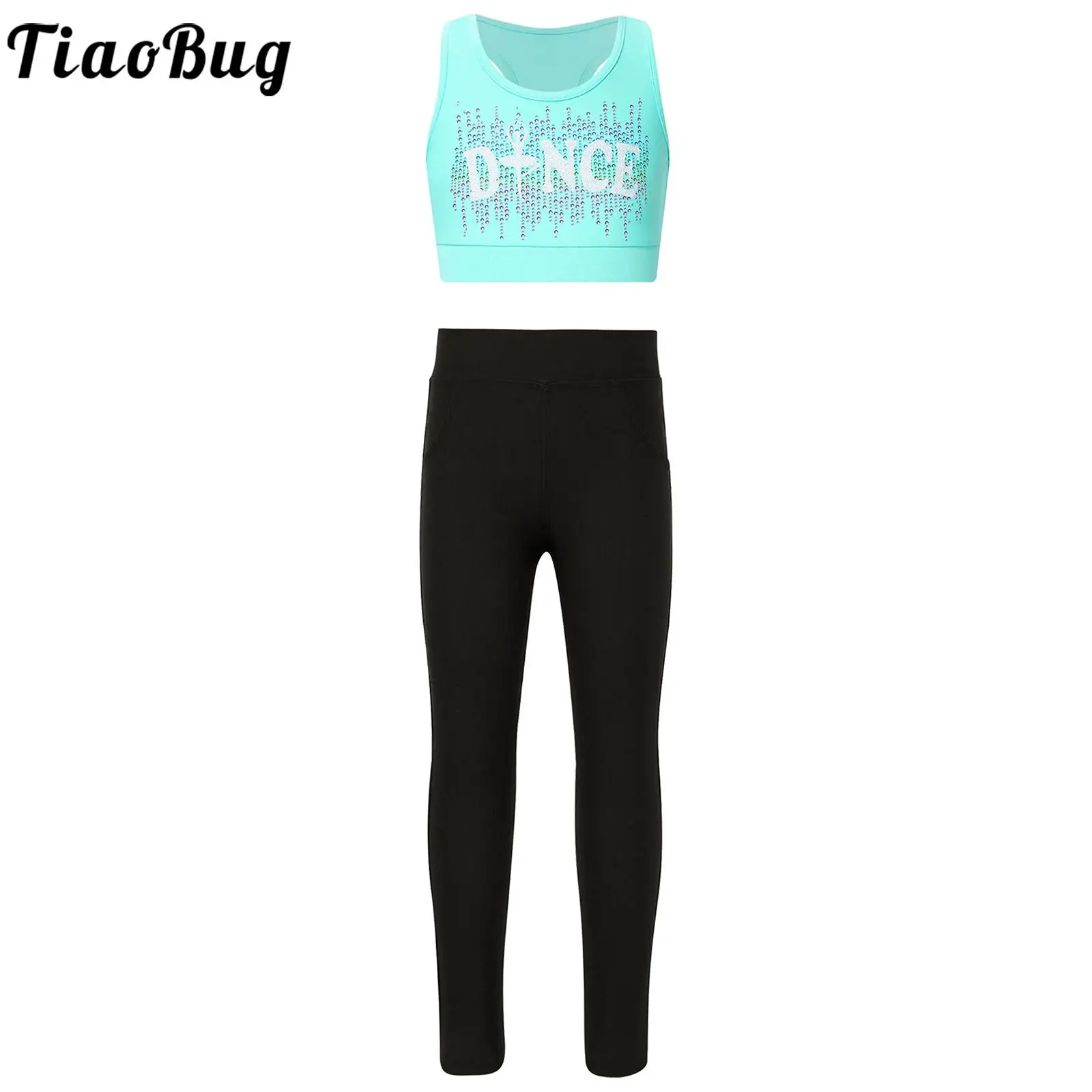 2PCS Summer 2023 Kids Girls Sleeveless Round Neck Printed Racerback Crop Top with Pants for Gymnastics Sports Workout Exercise