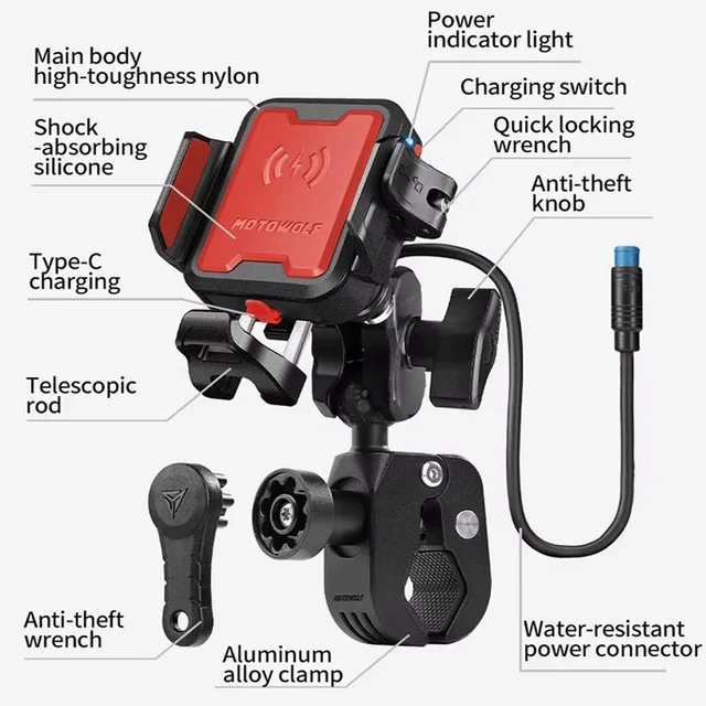 MOTOWOLF Motorcycle Riding Shock-Absorbing Phone Holder Type-c Charger Adjustable Anti-Theft Quick Release Navigation Bracket
