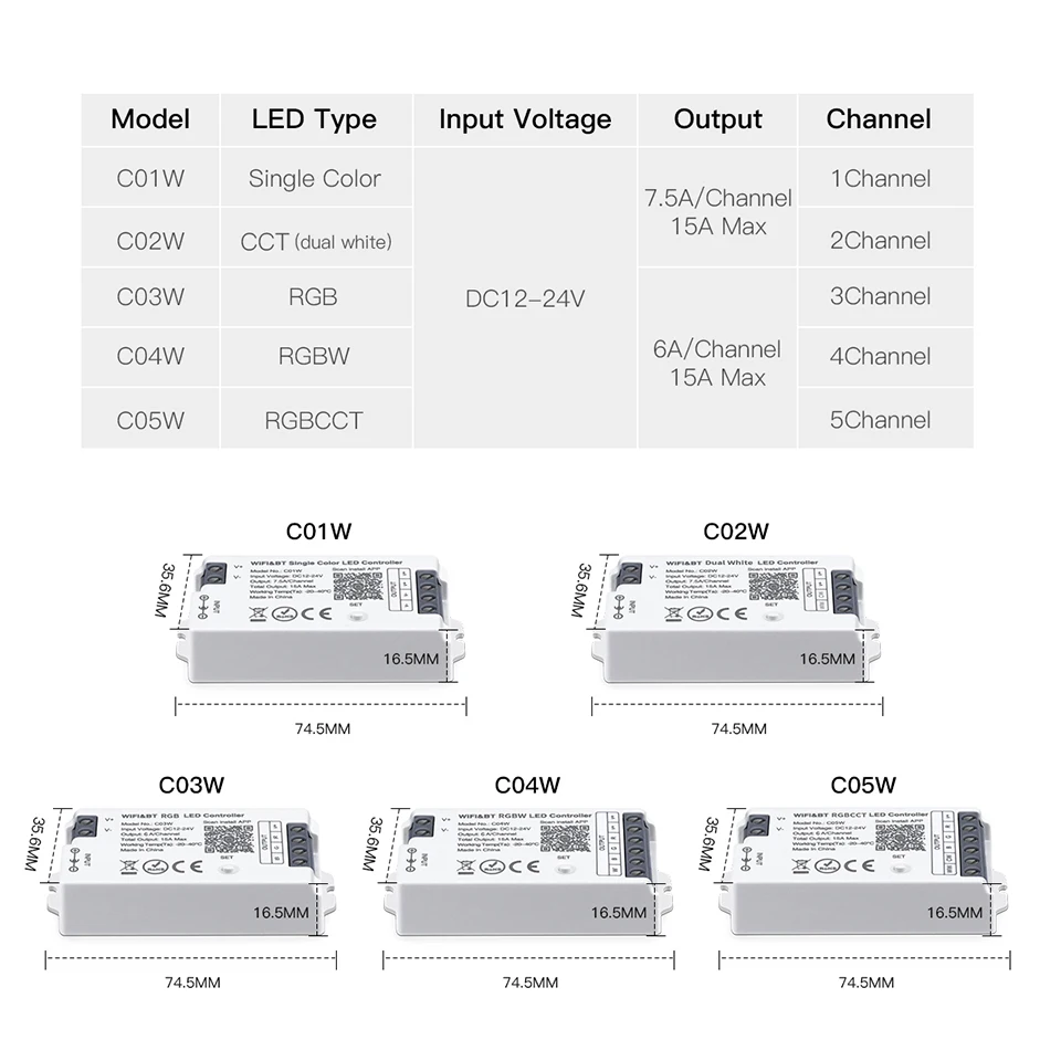 12-24V Smart Home LED Controller Smart Life WiFi&Bluetooth Control RGBCCT RGBW RGB Controller For Led Strip Tuya Dimmer Switch
