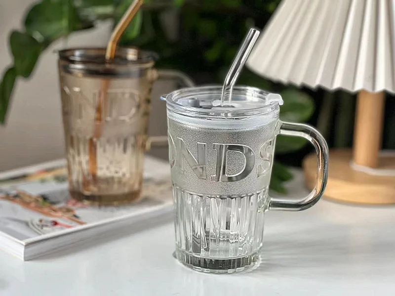 Straw With Glass Cup Coffee Cup With Handle Straw Cup Large Capacity Glass Cup With Cover 400Ml Glass Dinkware