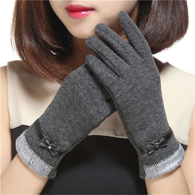 

Autumn Winter Women Touch Screen Non-flocking Gloves with Bowknot Cashmere Warm Thin Gloves Points Outdoor Bike Driving Mittens