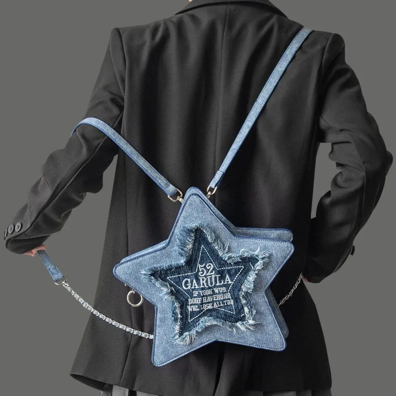 

Женский джинсовый рюкзак Y2k со звездами, Модный японский Повседневный синий рюкзак для девушек с вышивкой буквами и кисточками на молнии, 2023