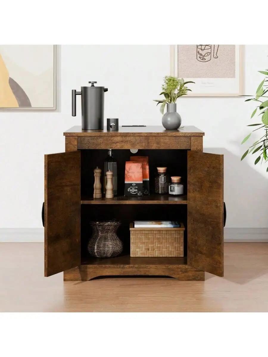 Farmhouse End Table Sofa Side Table with Charging Station 24" Large Wood Square Nightstand with Doors Modern Storage Cab 3