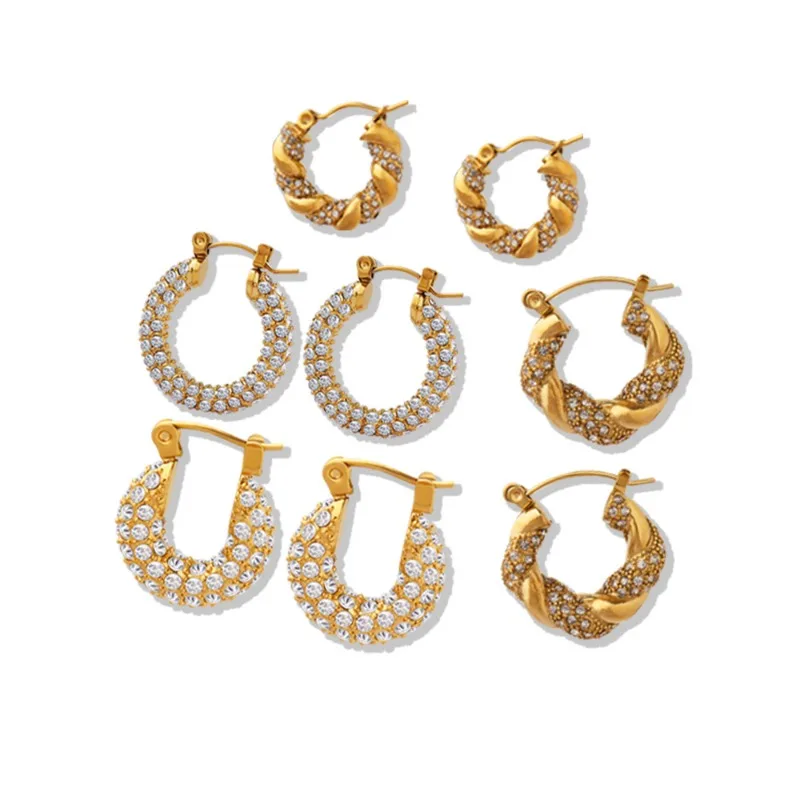 

Minar INS Hot Multiple CZ Cubic Zirconia U Shaped Twisted Rope Hoop Earrings for Women Stainless Steel PVD Plated Brincos 2024