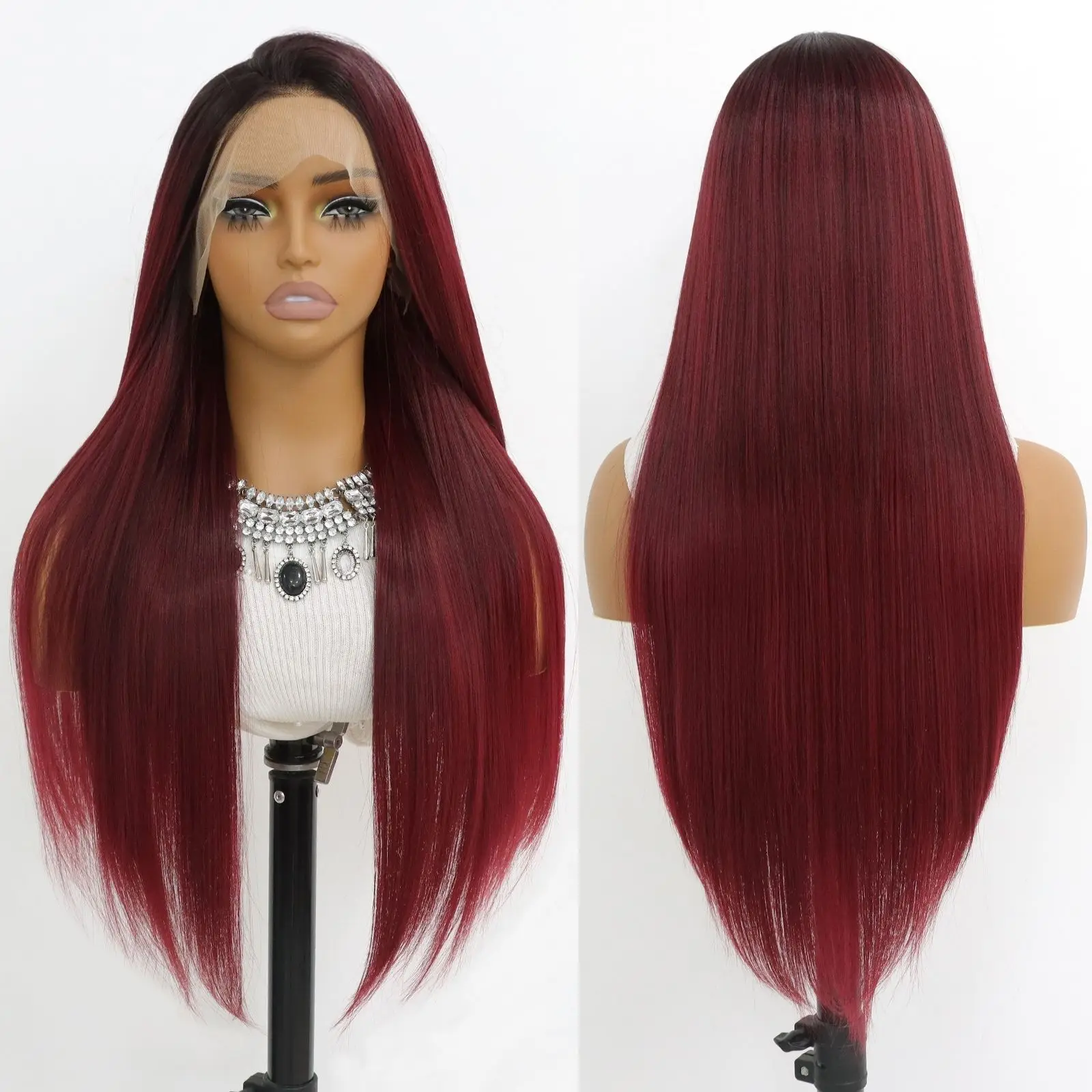 Ombre Burgundy Lace Front Wig Long Straight Ombre Wine Red 13x4 Synthetic Lace Front Wigs for Women 24Inch
