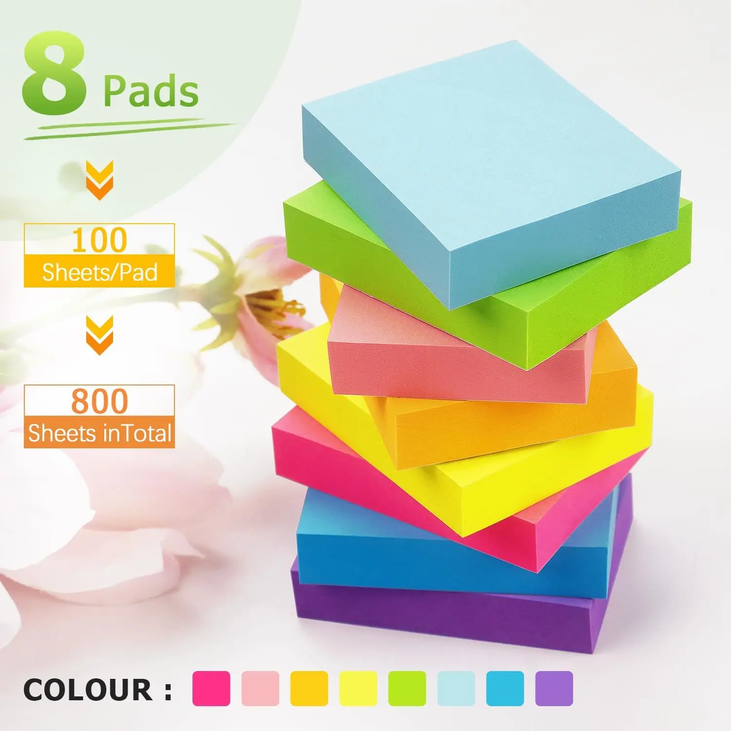 Sticky Notes 1.5x2 inch Bright Colors Self-Stick Pads 8 Pads/Pack 100 Sheets/Pad Total 800 Sheets