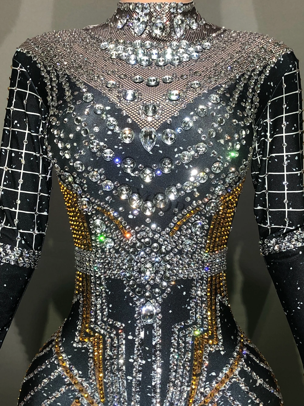 Dance Dress Rhinestones Dress Women Costume Set Sparkly Rhinestones Jumpsuit Women Long Sleeve Spandex Nightclub Prom Party Outfit Singer Dance Performance Costume Stage Wear