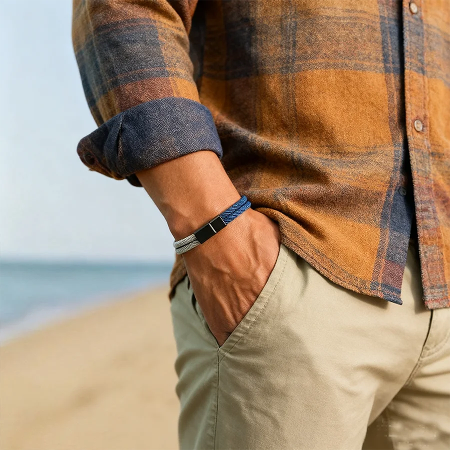 Mens Color Blocking Rope Bracelet with Magnet Buckle