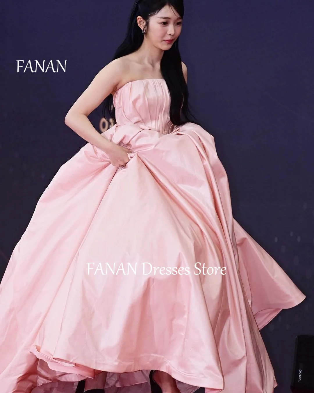 

FANAN Pink Strapless Satin Evening Party Dresses Korea Lace-up Corset Elegant Wedding Women Formal Gowns Event Prom Gowns