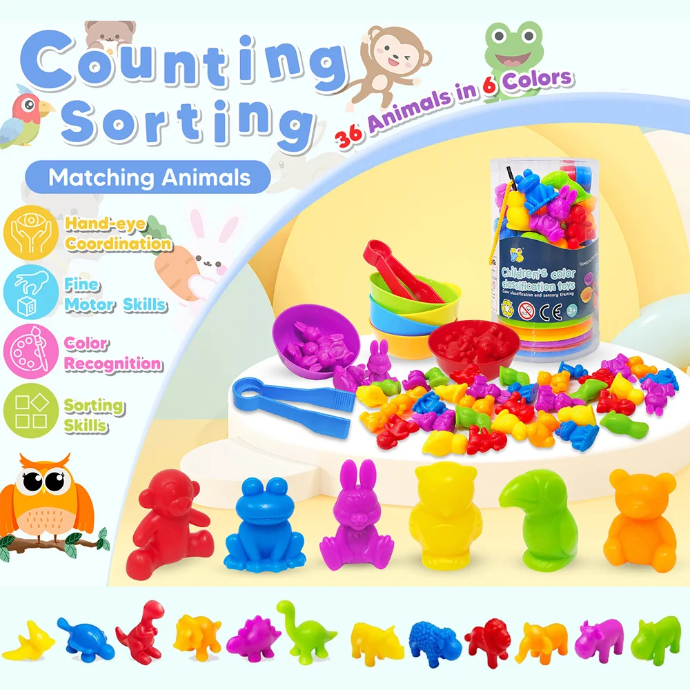 Rainbow Counting Animal Sorting Toys Color Sorting Animal Dinosaur Shape Classification Montessori Sensory Toy Boys Girls Gift