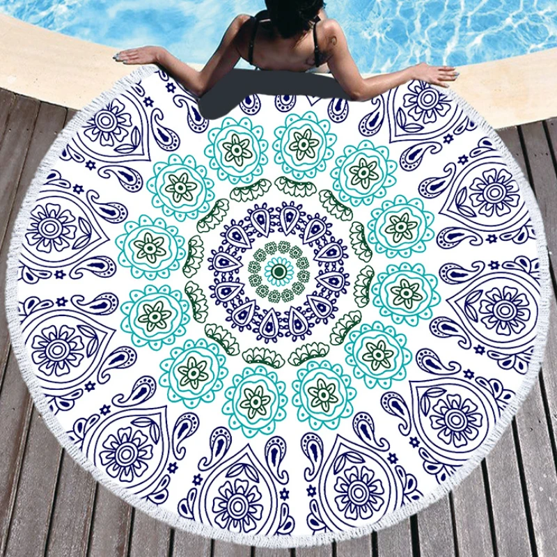 Microfiber Mandala Abstract Pattern Beach Towel Round Large Watercolor Quicksand Yoga Towel With Tassel Beach Mat Blanket Cover 3