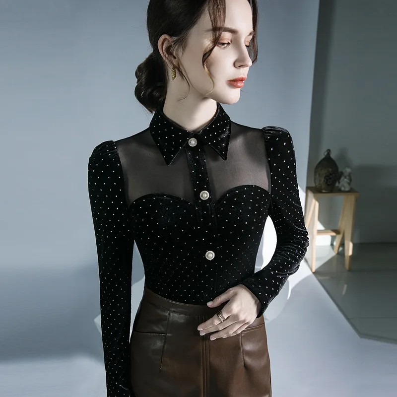 

Lapel Long-sleeved Black Shirt Office Professional Mesh See-through Sexy Gold Velvet Top T-shirts Woman Free Shipping Offer Tops