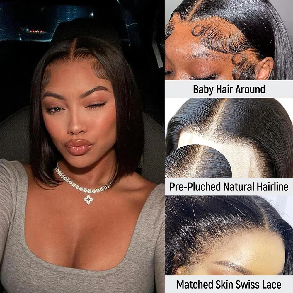 220% Density Bone Straight Bob Wig Brazilian Human Hair Ready To Wear 13x4 Lace Front Wigs Black Bob Wigs for Women 8-14 Inches 2