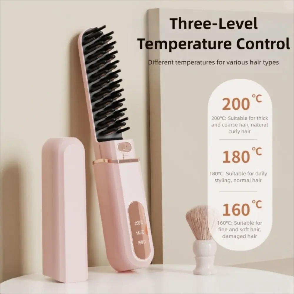 Portable Wireless Hair Straightener 3 Temp Settings Type-C Straight Hair Comb Mini with Lid Straightening Comb