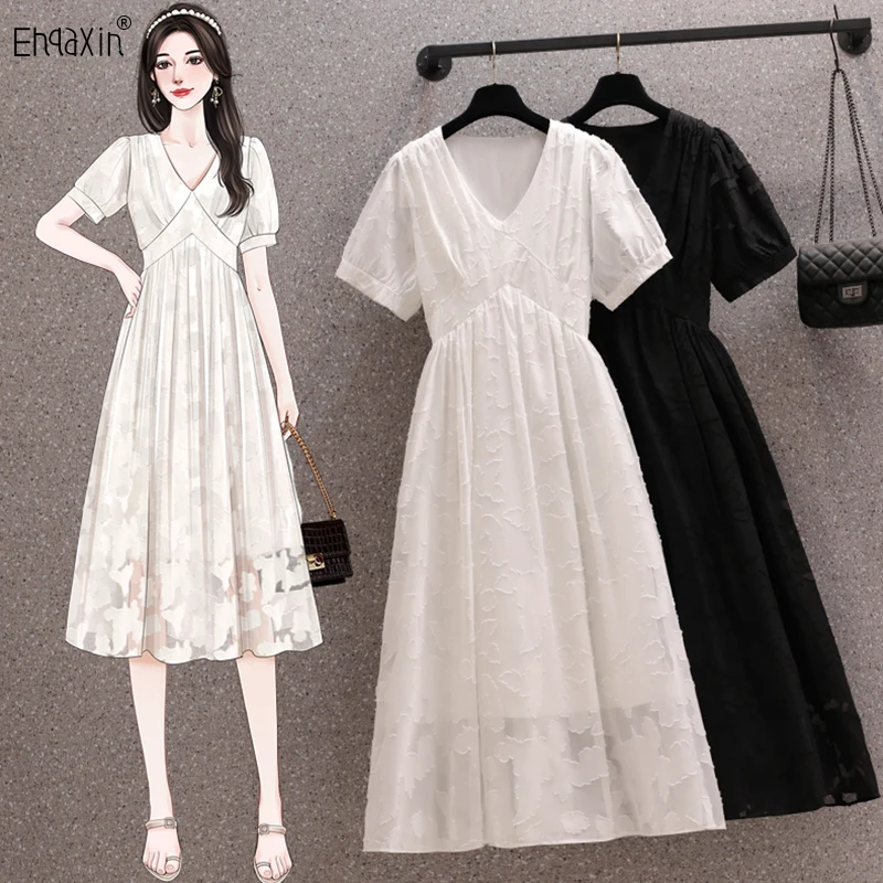 

EHQAXIN Elegant Women's Dress Fashion 2023 Summer New Gentle V-Neck Print A-Line Short Sleeve Dresses For Ladies M-4XL