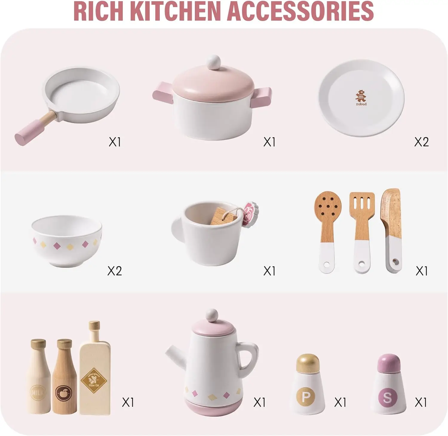 Rubud Wooden Play Kitchen with Realistic Accessories Toy Kitchen Set with Play Features Modern Style Toy Kitchen for Girls Boys 6