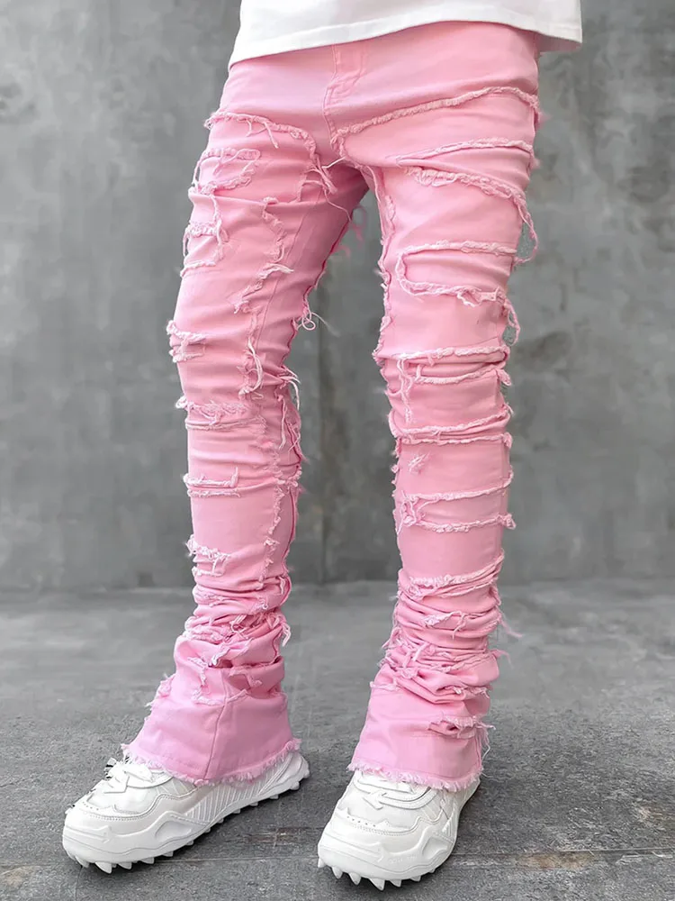 SpringAutumnIndividualPatchedPantsLongTightFitStackedJeansFor