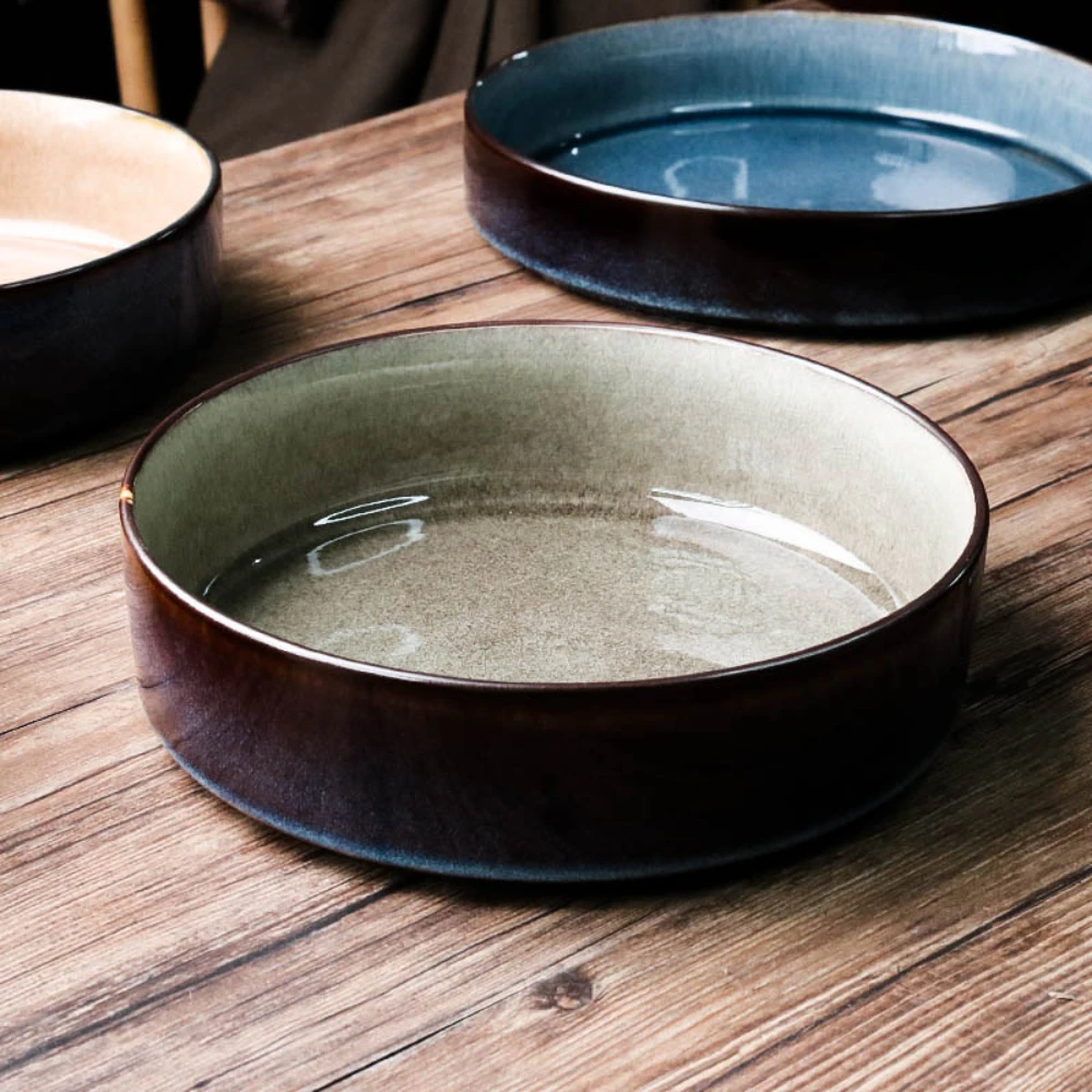 

Creative cracked glaze ceramic disc home salad late soup plae solid color plate retro pockmarked plate tableware