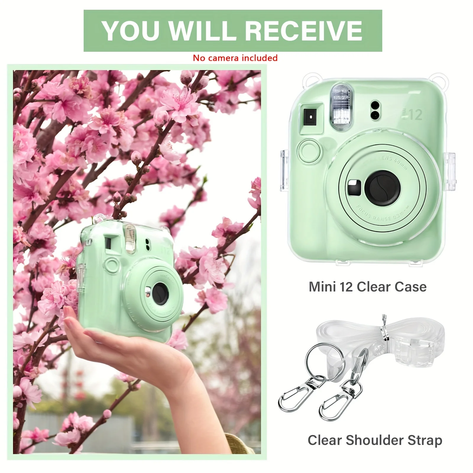 1 Set for instax Mini 12 Camera Hard Case with Photo Storage Pouch and Shoulder Strap-Camera Not Included