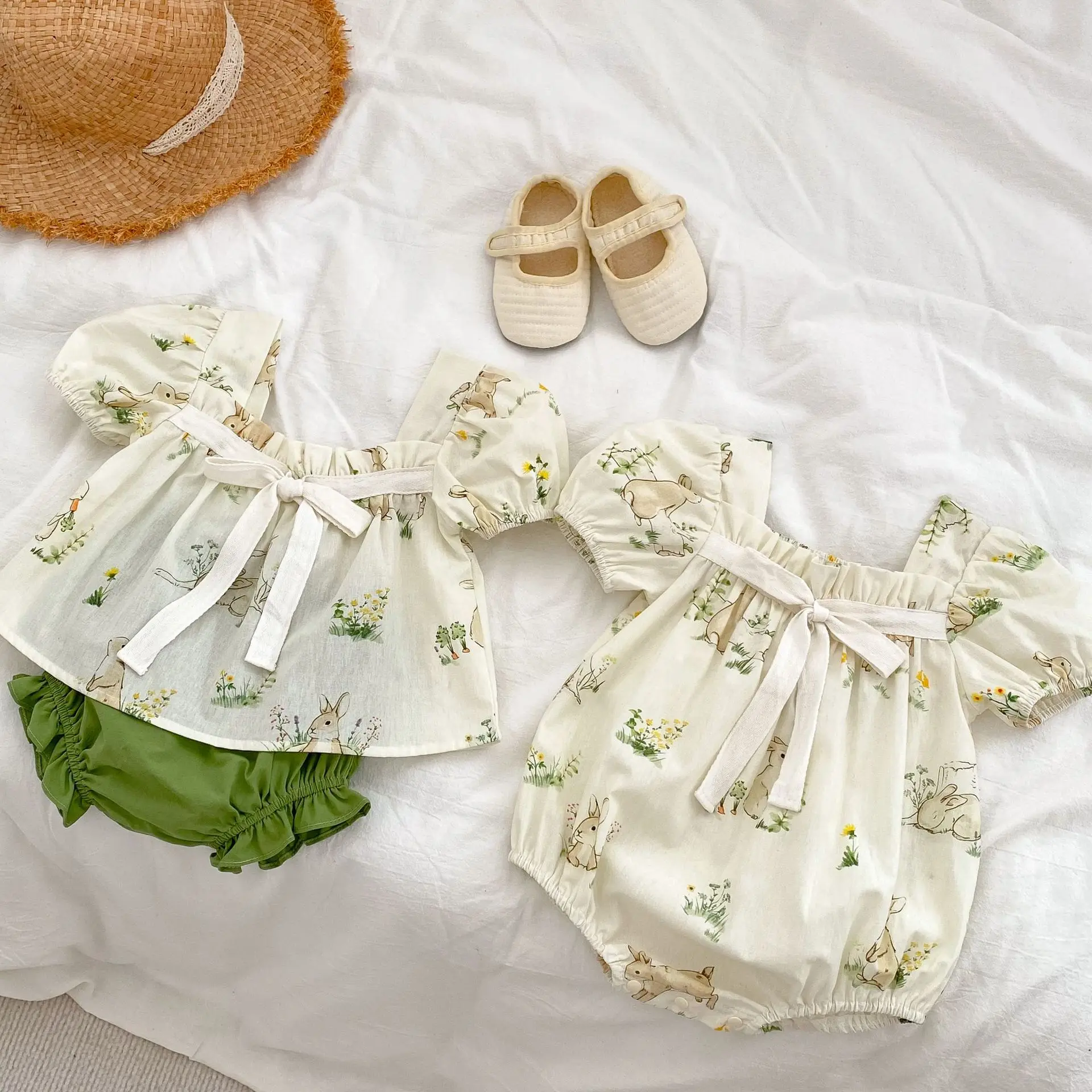 

2023 New Summer Clothing for Girls Cute Bunny Print Baby Romper Short Sleeve Shirt Shorts Kids Set Sweet Princess Jumpsuit 0-3 T