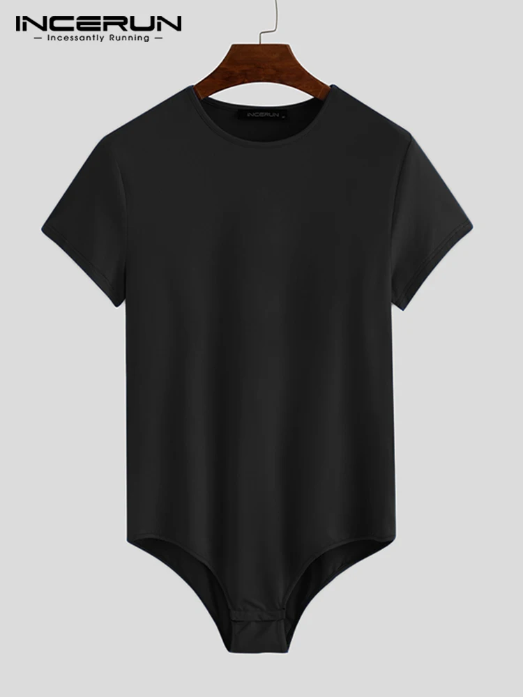 Men Bodysuit Solid Color Pajamas Sexy Breathable Short Sleeve O-neck Rompers Underwear Fitness S-5XL