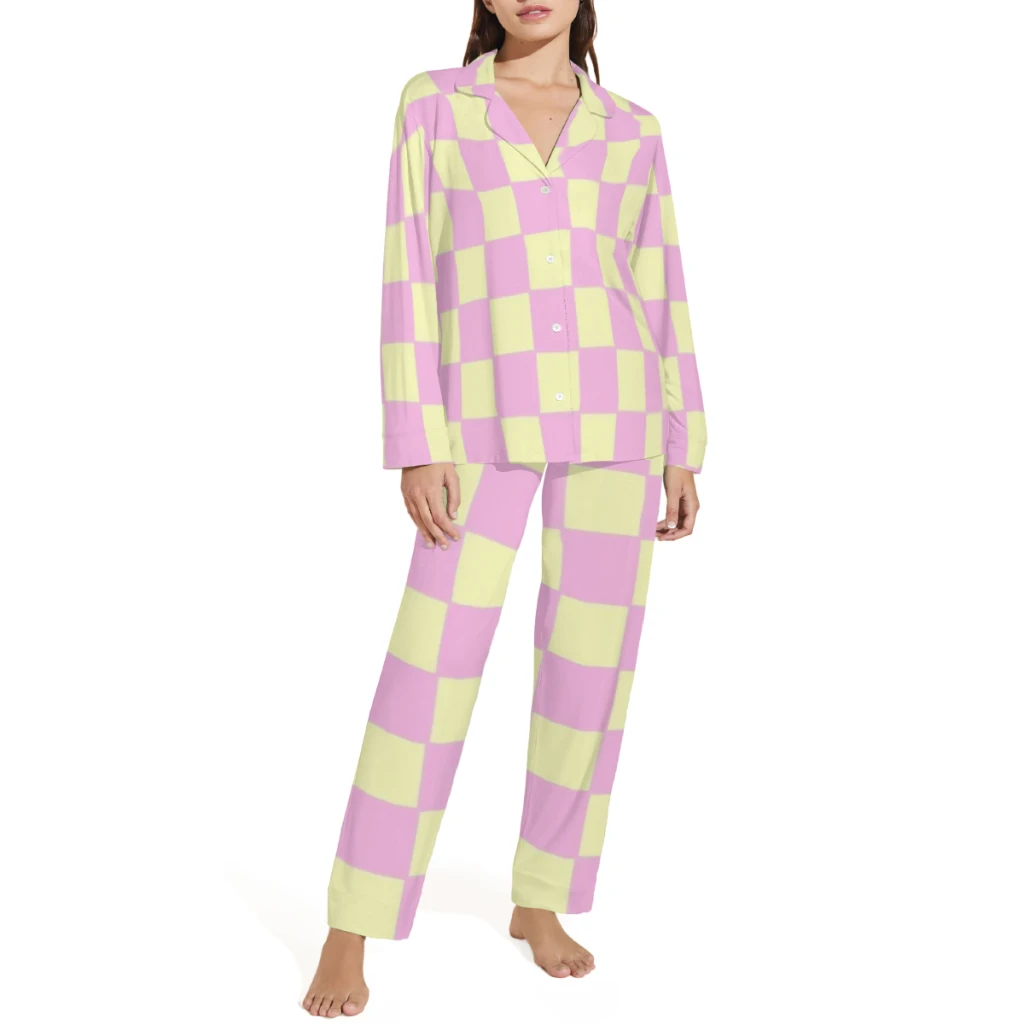 Red Pink Warm Color Checkerboard Lattice Series  Printed Sleepwear Set Long-Sleeve New Pajama Sets For Sleeping Winter