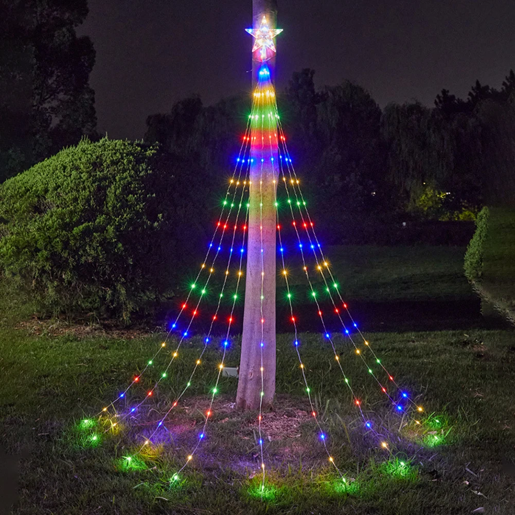 LED Christmas Tree Star Waterfall Lights With Remote Control 8 Lighting Modes String Light For Outdoor Christmas Decorations halloween decorations outdoor indoor led flame light bulb 4 modes fire light bulb base flame bulb with gravity sensor