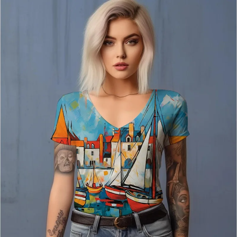 

Женская свободная футболка с коротким рукавом, Повседневная дышащая удобная футболка с V-образным вырезом и 3D-принтом для дома, лето 2023