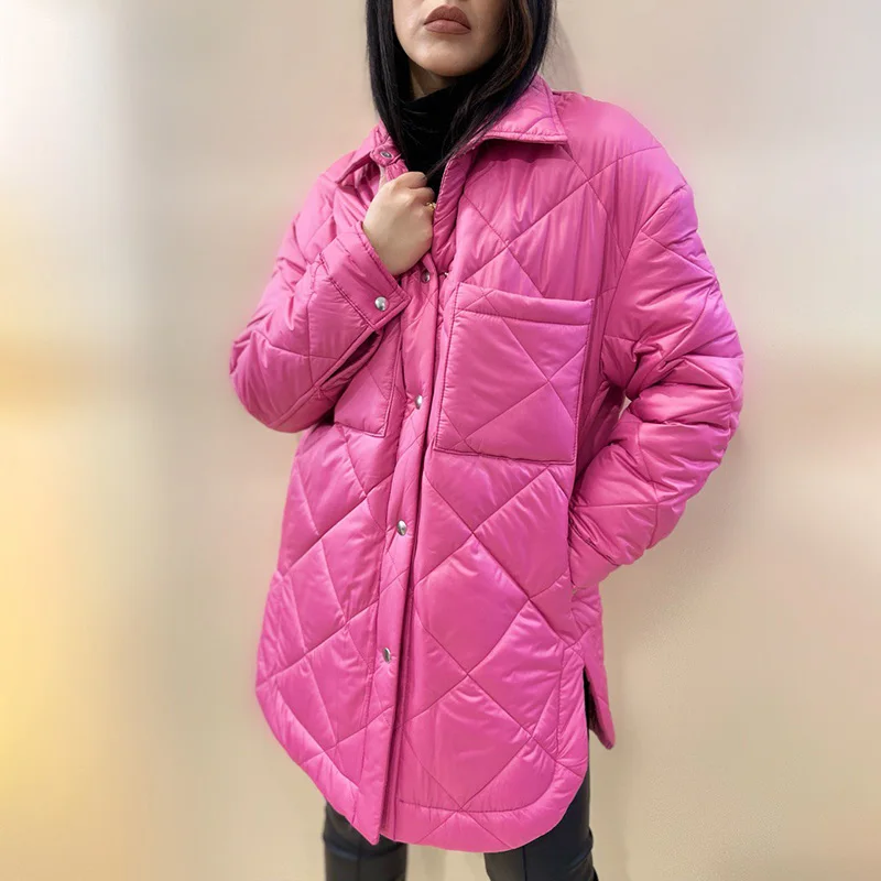 2021 Front Buttons Parkas Women Fashion Simple Argyle Coats Women Elegant Turn Down Collar Solid Cotton Jackets Female Ladies