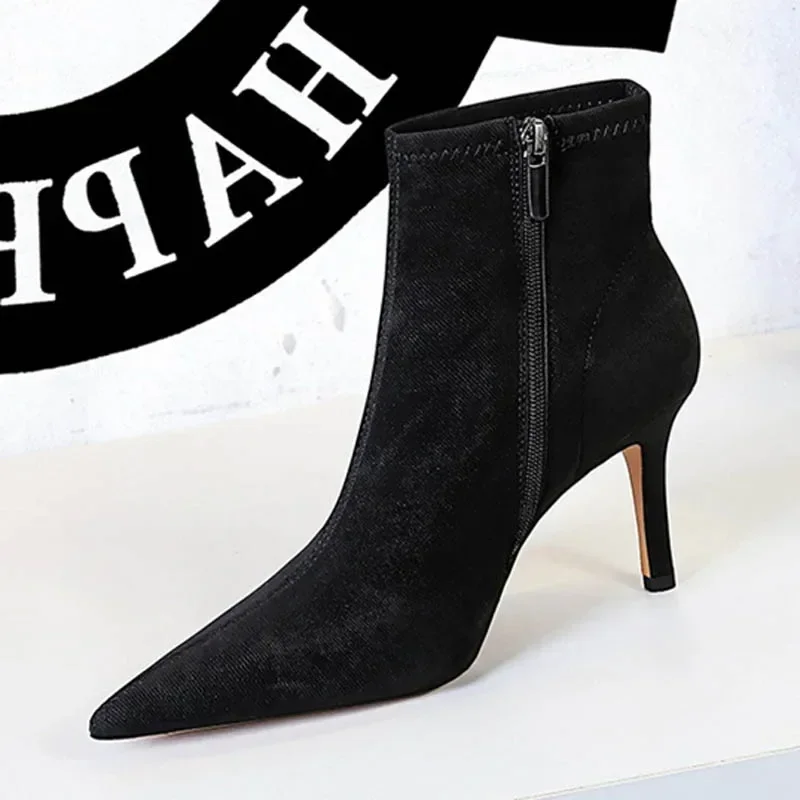 

BIGTREE Fashion Simple Sexy Slimming Party Stripper Women's Boots Skinny Heels High Heels Pointed Black Denim Over-The-Knee Boot