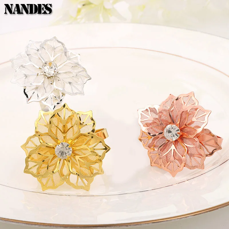 6pcs Flower Napkin Rings Hollow Mesh Petals Alloy Metal Towel Party Table Dinner Petals Dining Napkin Wedding Party Table Decor