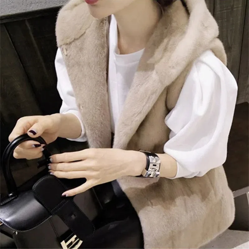 

Women 2023 Autumn Winter Fur Imitation Vest Jacket Joker Long Ladies Sleeveless Coat Hooded Mao Waistcoat Blouse Female Tide