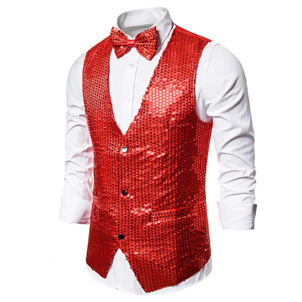 Elegant Bow Tie Vest Sequin Vest Bow Tie Set for Men Retro Disco Groom Wedding Party Waistcoat with Shiny V for Special for Men eeqasn dusty green beaded sequin formal prom dresses sweetheart ankle length midi prom gowns special occasion women party dress