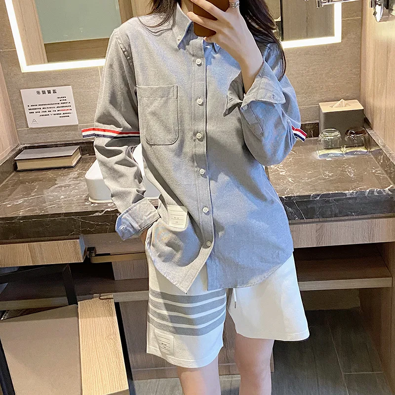 

Женская рубашка из ткани Оксфорд, голубая хлопковая рубашка с длинными рукавами для отдыха, брендовая рубашка в Корейском стиле, весна,