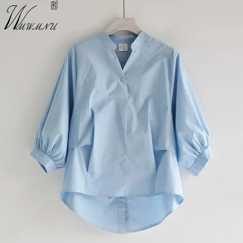 

Рубашка женская оверсайз с рукавами-фонариками, Модная элегантная Свободная блузка в Корейском стиле, Легкий Повседневный Топ с V-образным вырезом, синий цвет, на лето