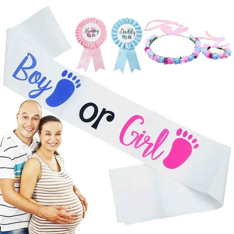 

Mom To Be Sash 5pcs Gender Reveal Sash Party Supplies Pink Blue Mom To Be Sash Dad To Be Pins Flower Headband Wristband For Baby