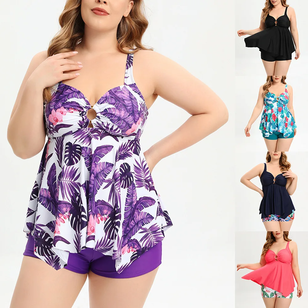 

Plus Size Two Pieces Swimsuits Swimwear Women Flower Print Summer Large Bathing Suits Tankini Beachwear Sexy Bikini Swimdress