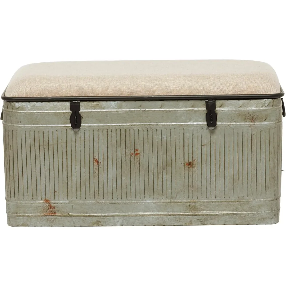

Deco 79 Metal Rectangle Storage Bench with Cream Burlap Top and Latches, 38" x 16" x 19", Gray storage bench furniture
