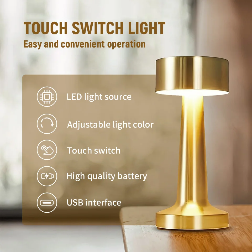 Portable Metal LED Table Lamp Table Lamp with Touch Sensor, Three Color Temperature Control Dimming, Rechargeable  Night Light