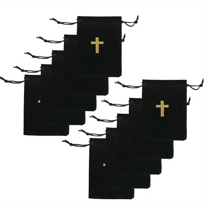 10Pcs Black Cross Pattern Bag with Drawstring Gift Packaging Fabric Pouch for Necklace Earrings Elegant Storage Pouches 5