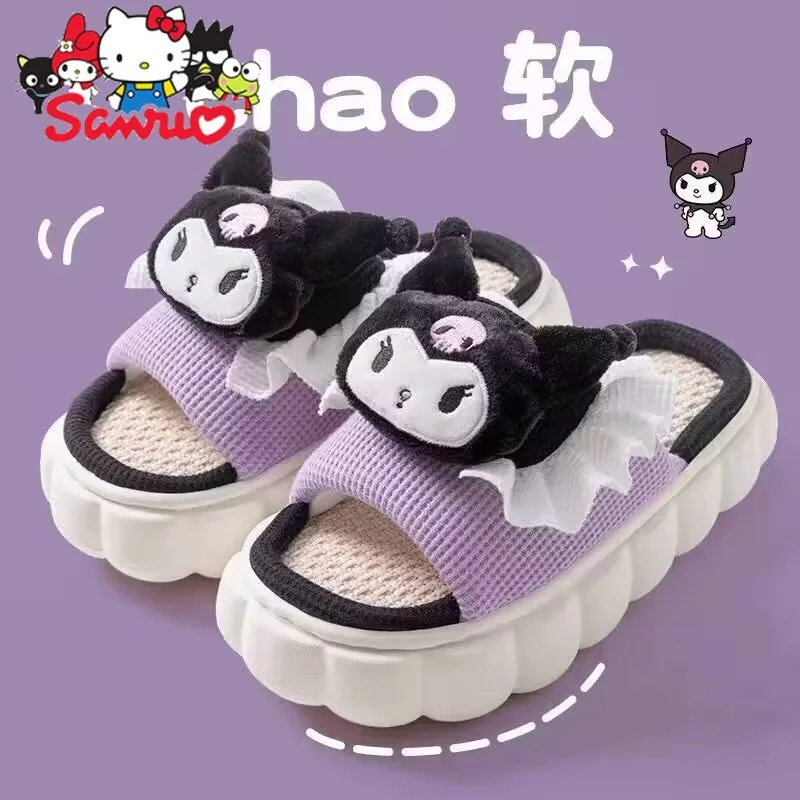 MINISO Melody Kuromi Hello Kitty Cinnamoroll Pochacco Linen Slippers Women's Soft Thick Bottom Non-slip Indoor Home Slippers