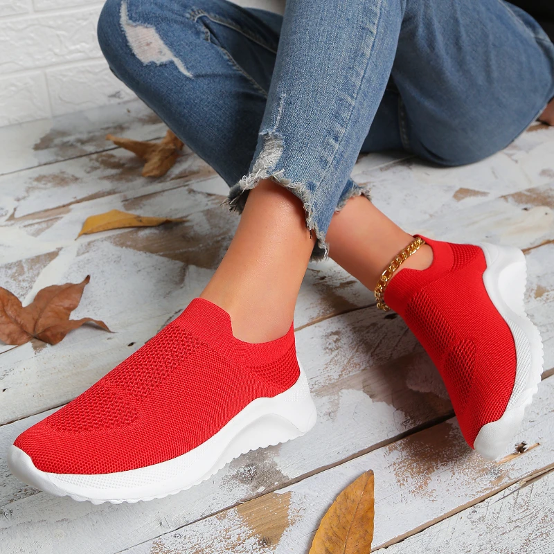 

Plus Breathable Mesh Platform Sneakers Women Slip on Soft Ladies Casual Running Shoes 2023 Woman Knit Sock Shoes Flats