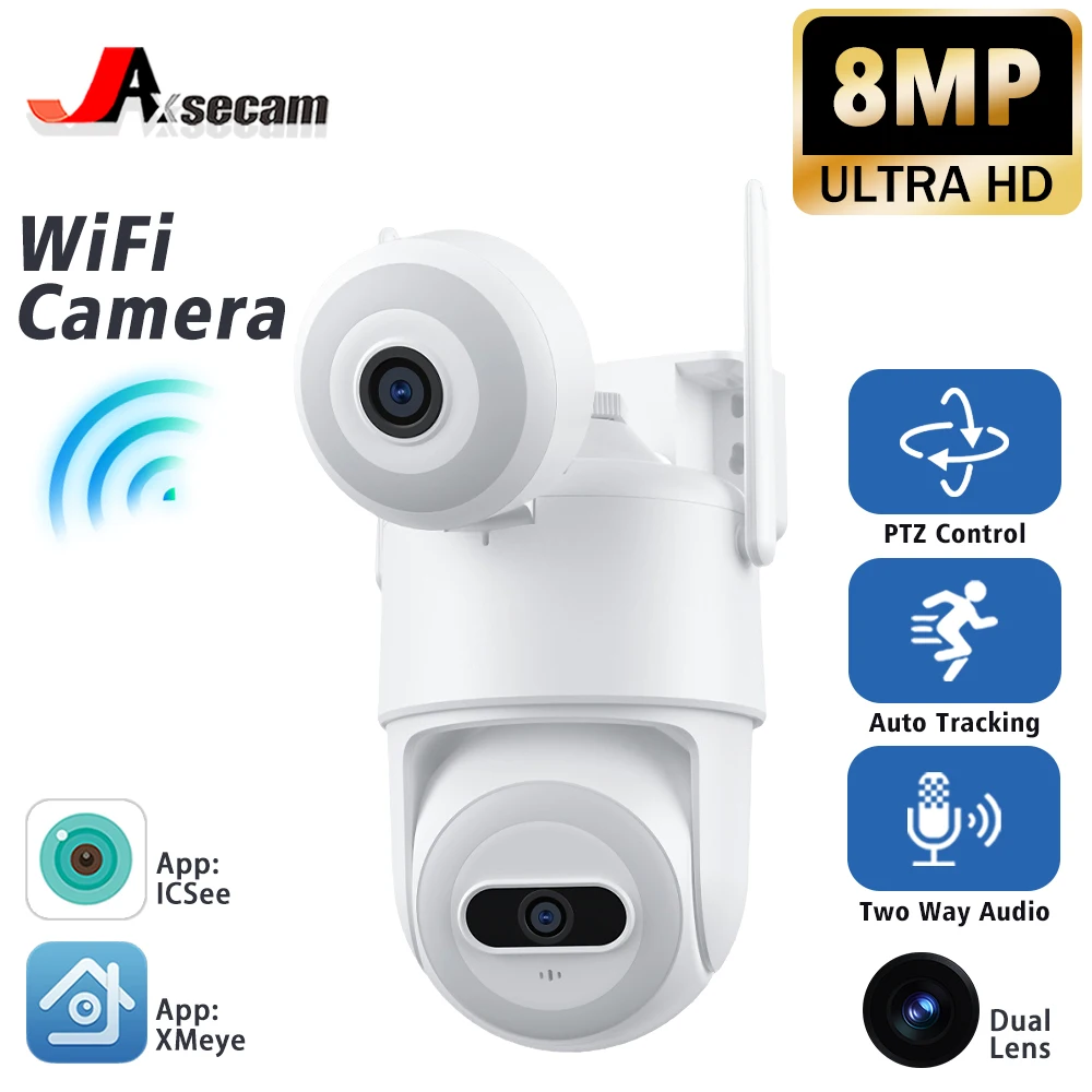 4K 8MP HD Dual Lens Dual Screen IP Camera Outdoor PTZ WiFi Camera Security 4MP HD Auto Tracking Video CCTV Camera iCSee
