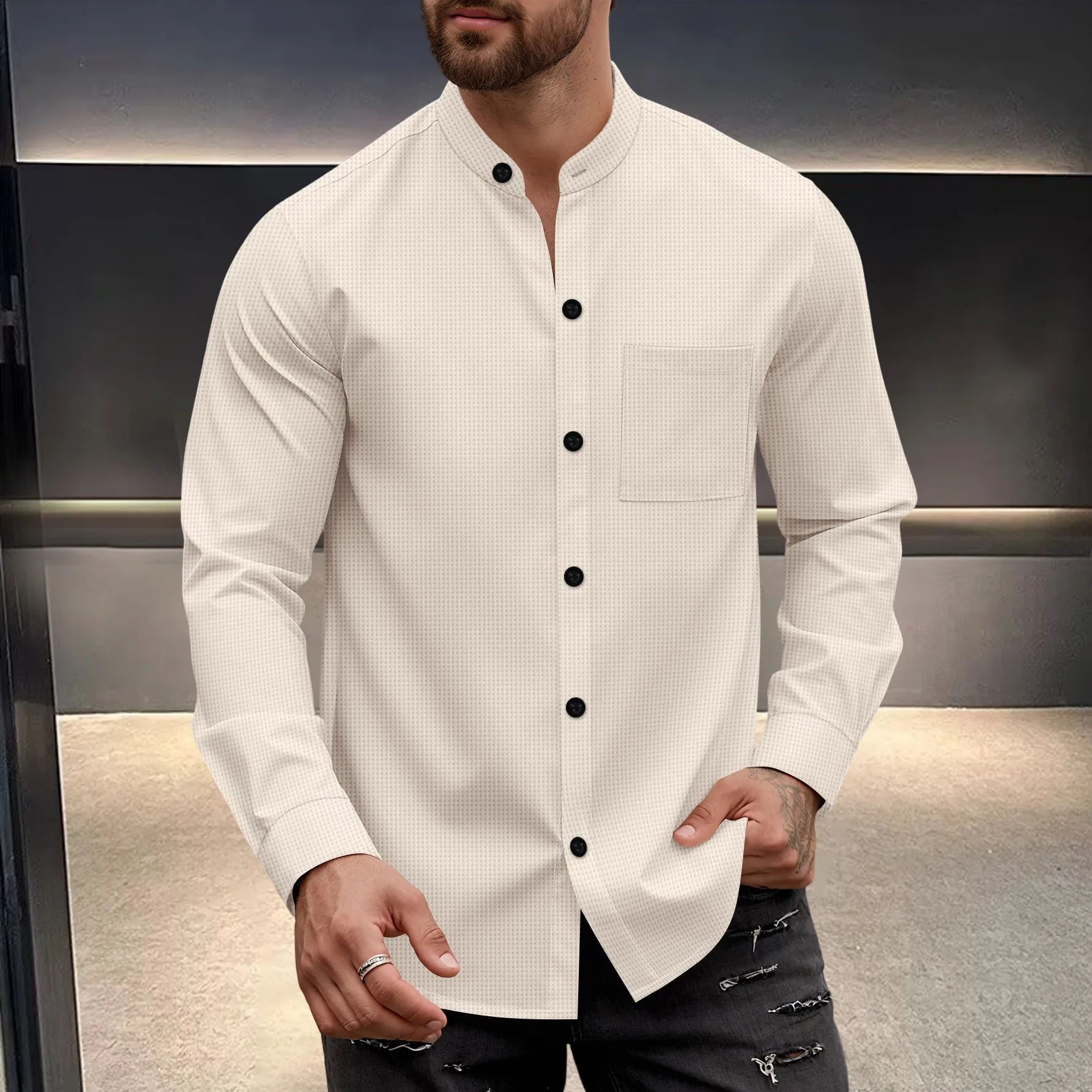 Erkek waffle gömlek şık dik yaka düğmeli gömlek ve pantolon 1/2 parça rahat nefes alan günlük