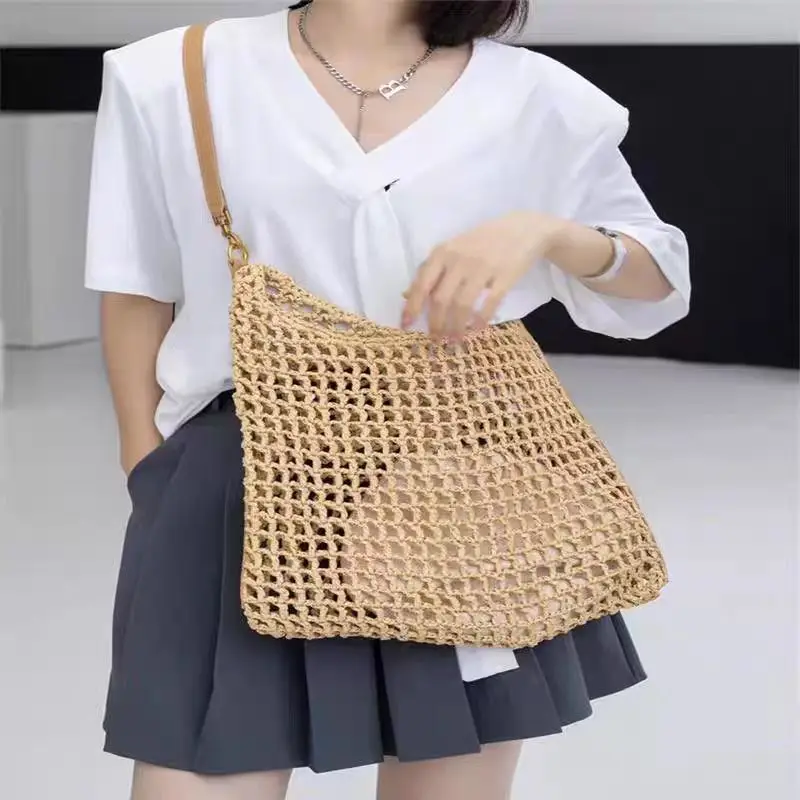 

Женская плетеная сумка ручной работы, летняя вместительная сумка-тоут из ткани травы, ручная пляжная сумка на одно плечо для подмышек, 2024