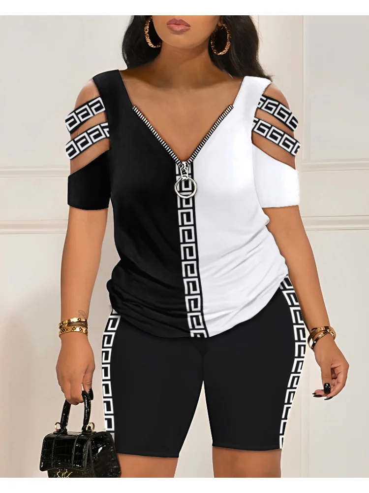

Cutout Top and High Waist Shorts Set for Women, Outfits, Casual Tracksuits, Elegant Female Sets, New Ladder, Two Fashion, 2023